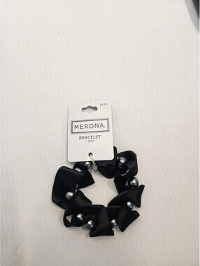 Merona Black Satin Ribbon Bracelet and Necklace with Silver Beads